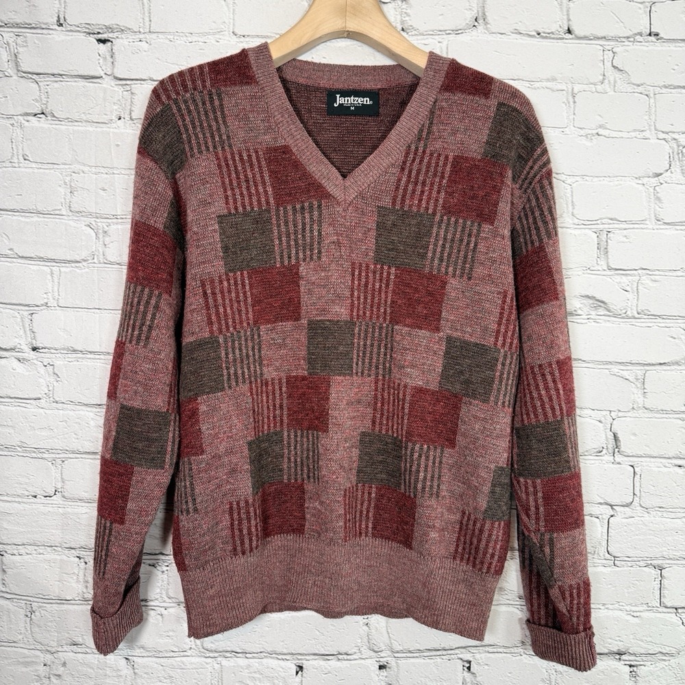 Vintage 80s Jantzen Wool Blend Sweater Men's M Red V Neck Geometric USA Dad‎